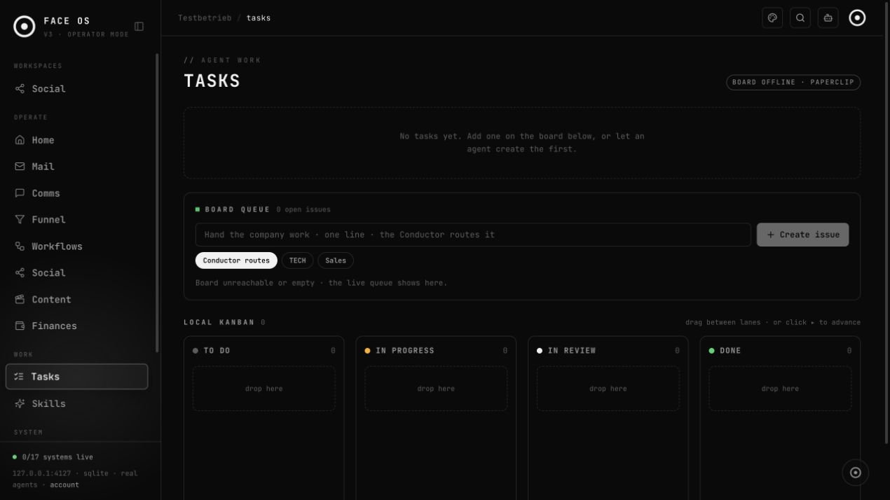 Echtes leeres Aufgabenboard von FACE OS 0.1 mit Statusspalten und ohne erfundene Aufgaben.